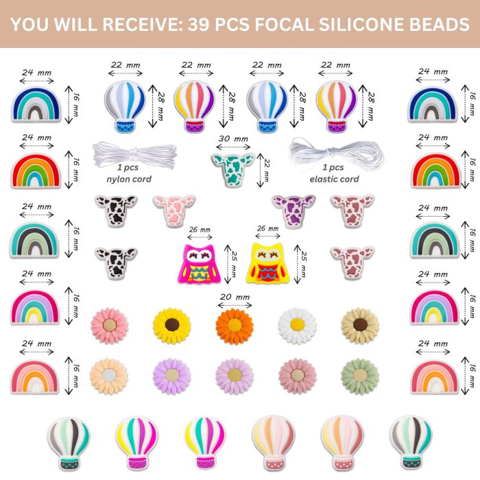 39pcs Focal Silicone Beads Animals Flowers Birds Owls Cows Rainbows Balloons - Image 3